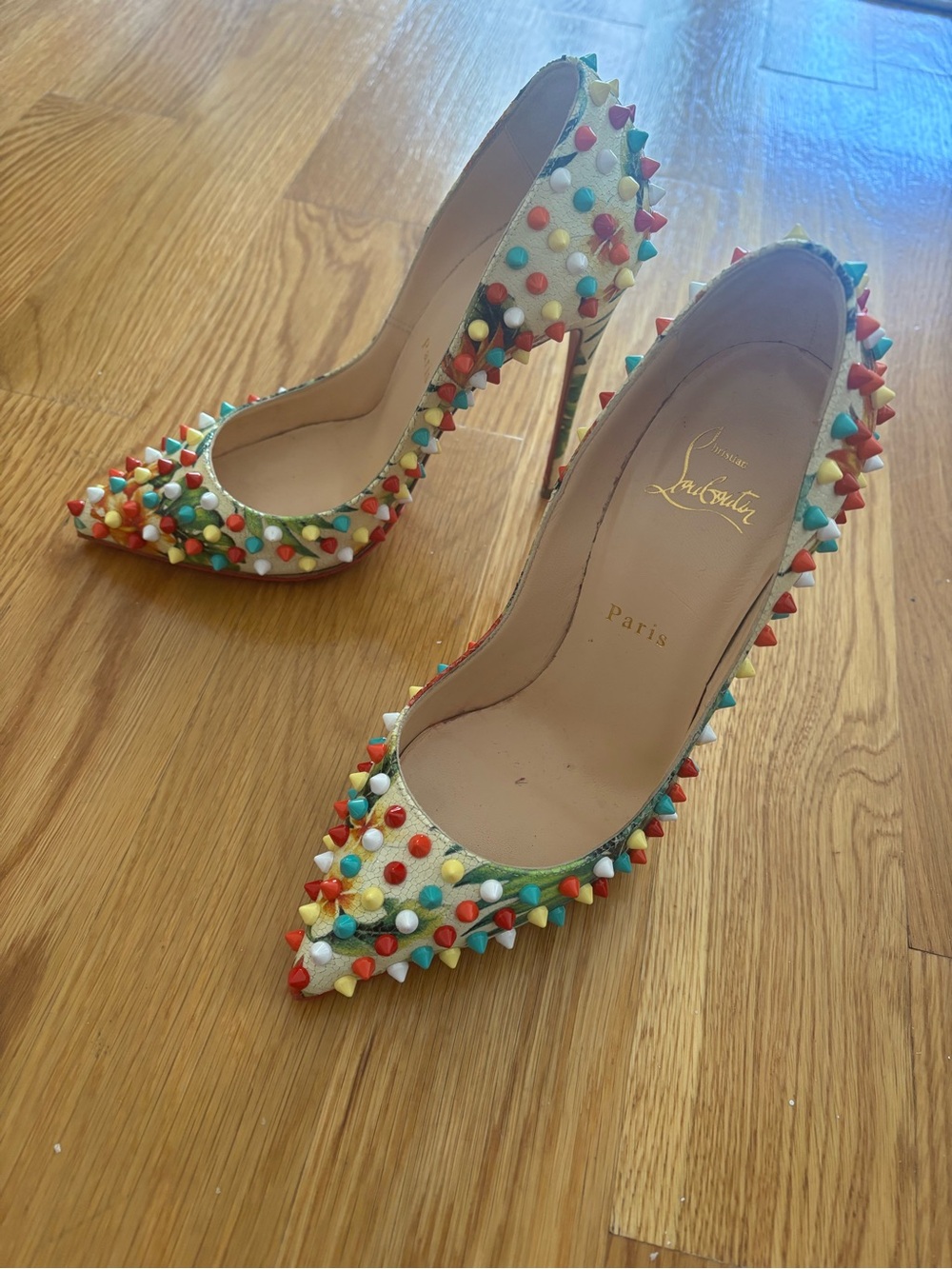 Christian Louboutin Hawaii Multicolor Follies Spike 120 Pointed Toe Pump 37.5 - Picture 2 of 11